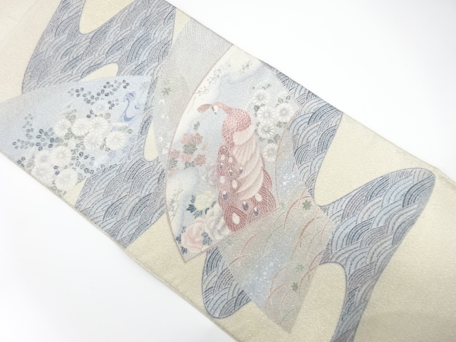 JAPANESE KIMONO / FUKURO OBI / SILK / TSUZURE / WOVEN JIGAMI & PEOCOCK & FLOWERS